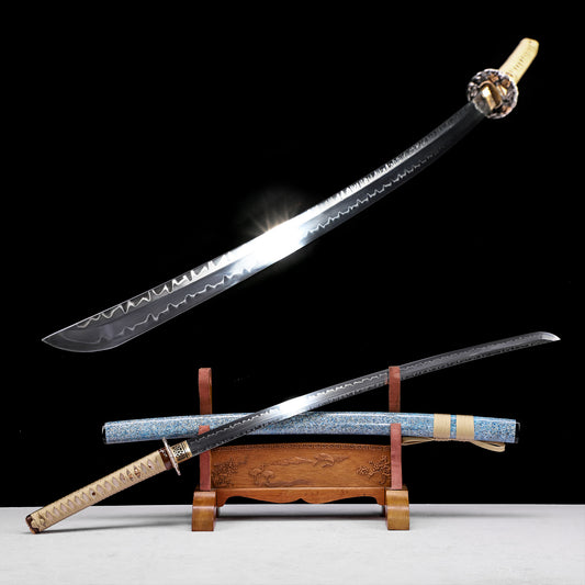 T10 Steel Double Hamon Katana with Beige Handle & Blue-White Art Lacquer Saya