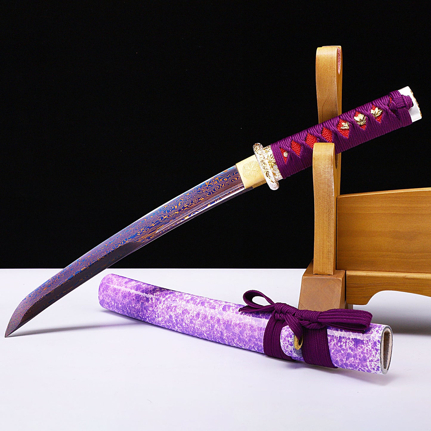 Purple marbled saya tanto angled view - blade curvature and purple marble saya detail