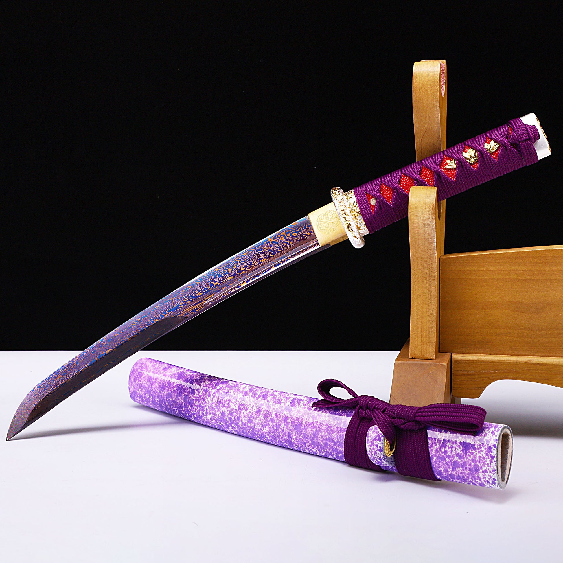 Purple marbled saya tanto angled view - blade curvature and purple marble saya detail