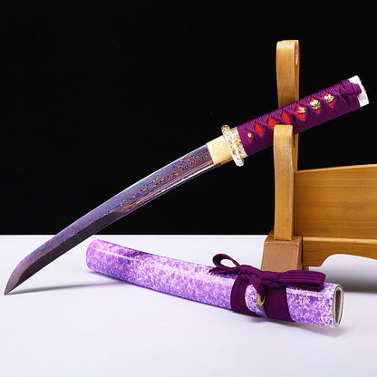 Purple marbled saya tanto angled view - blade curvature and purple marble saya detail