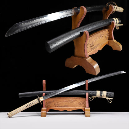 T10 steel double hamon katana angled view - blade curvature and double hamon detail