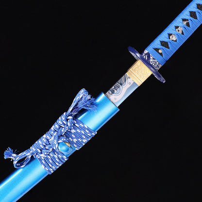 Blue Dragon katana side profile - full tang blue coated steel blade