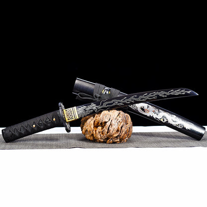 Black Tanto with Silver Dragon Etching