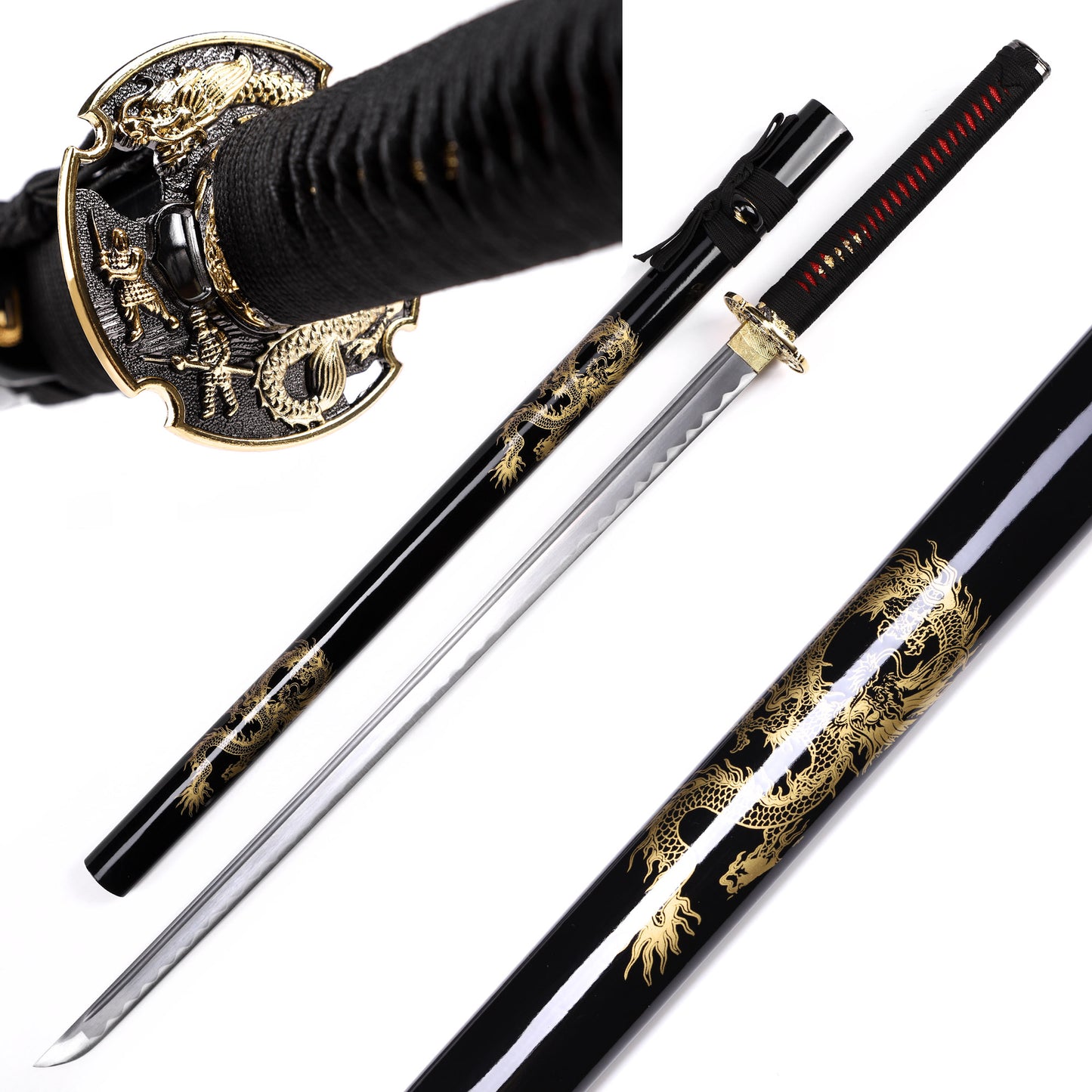Full tang removable Japanese sword black dragon saya angled view - samurai katana