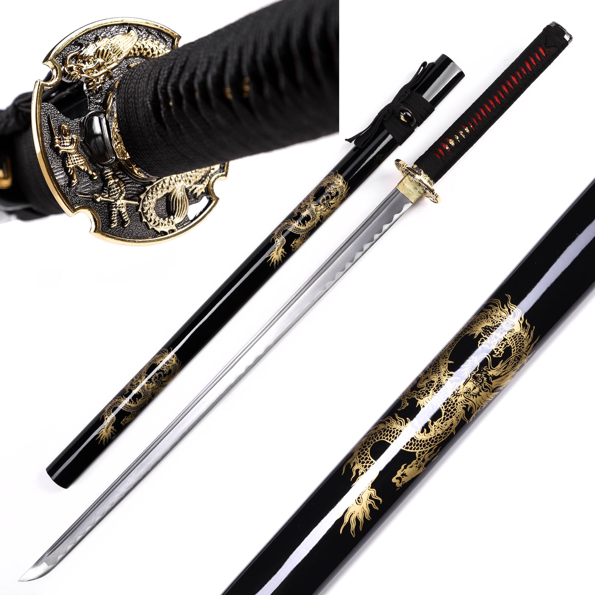 Full tang removable Japanese sword black dragon saya angled view - samurai katana