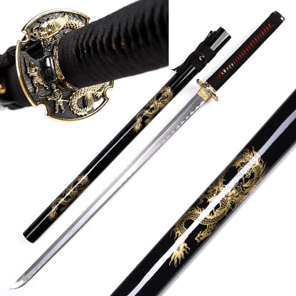 Full tang removable Japanese sword black dragon saya angled view - samurai katana