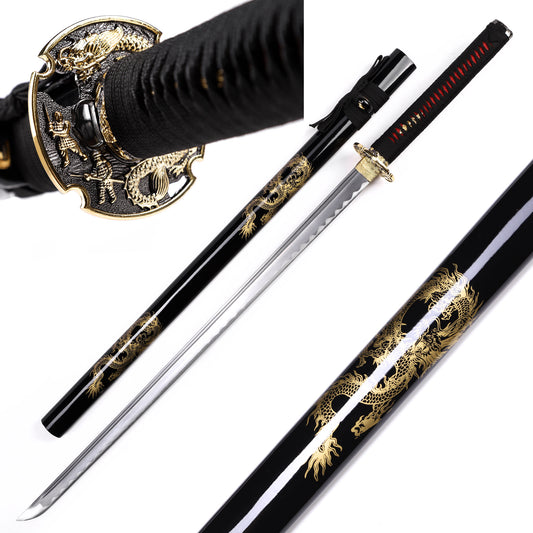Full tang removable Japanese sword black dragon saya angled view - samurai katana