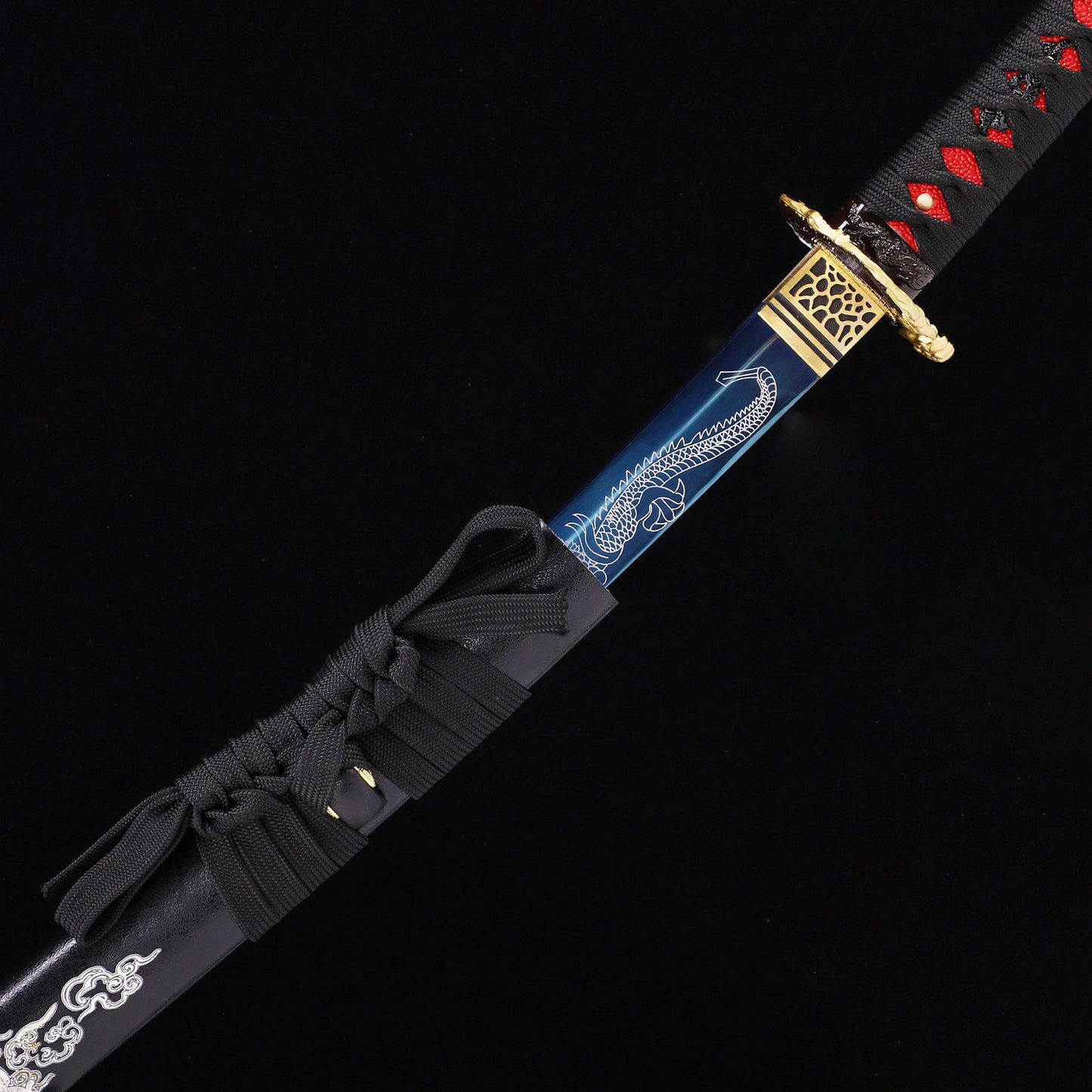 Blue Black Dragon katana blade close-up - razor sharp two tone edge and hamon detail