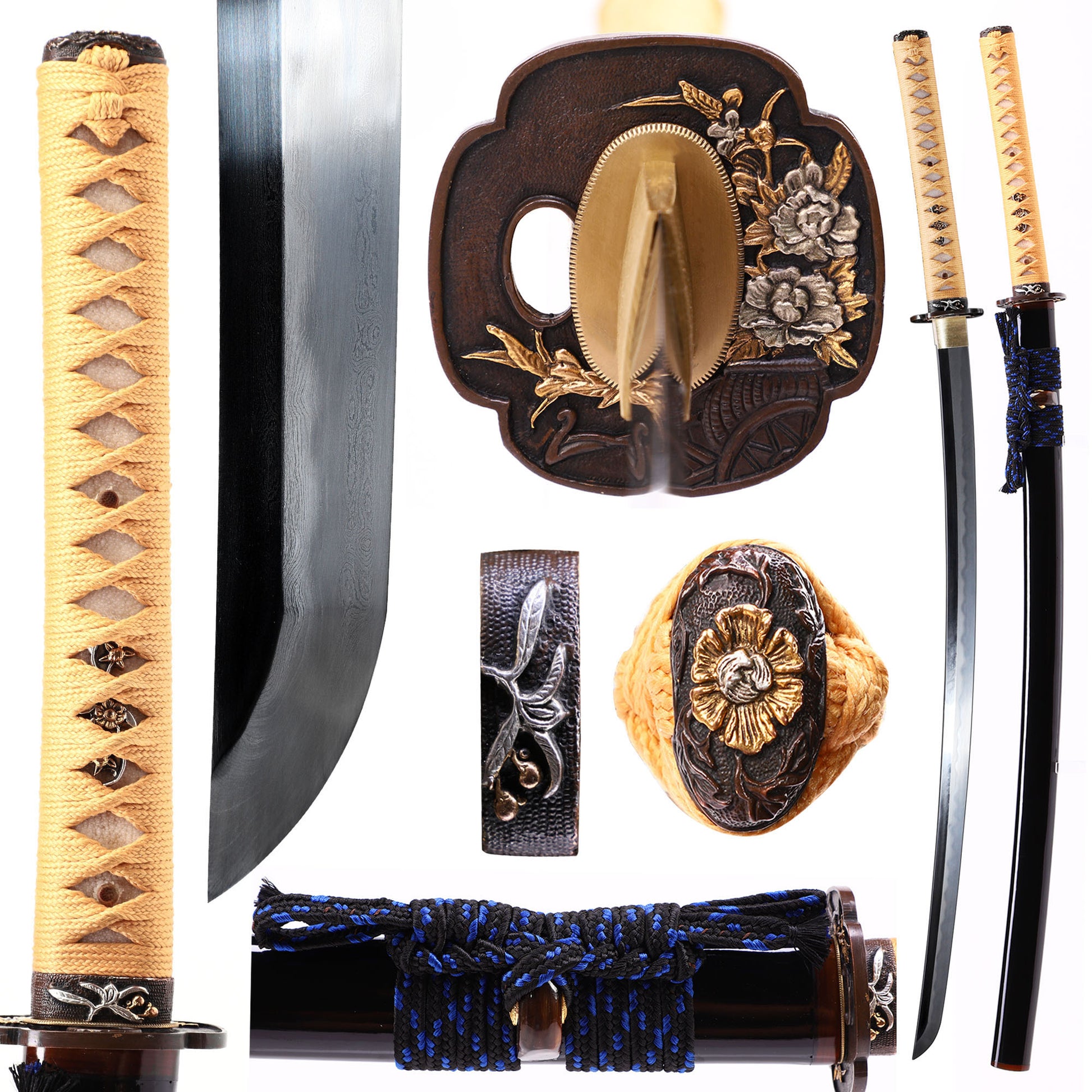 Multi layer pattern steel katana clay tempered hamon full length view - full tang katana