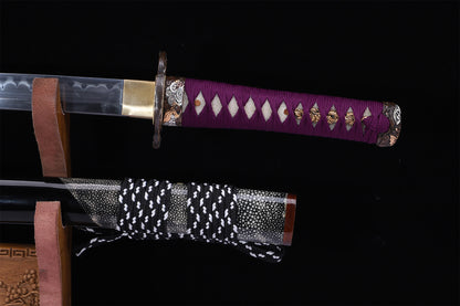 Purple Cord Gold Silver Plated Copper Horn Edged Ray Skin Lacquer Saya Full Tang  Sword