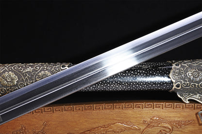 Black Genuine Ray Skin  Floral Relief Vintage Copper Fittings Tang Dynasty sword