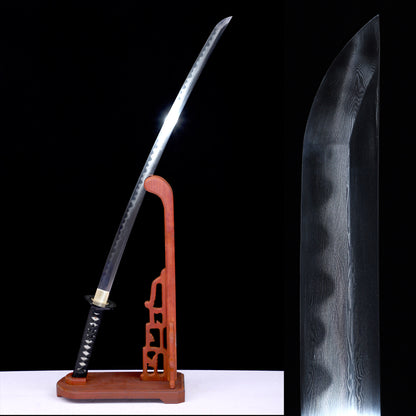 Damascus Steel Clay Tempered Katana, Gloss Black Lacquer Saya