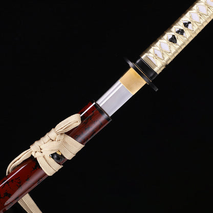 Japanese Samurai Katana, Red-Black Lacquered Wooden Saya