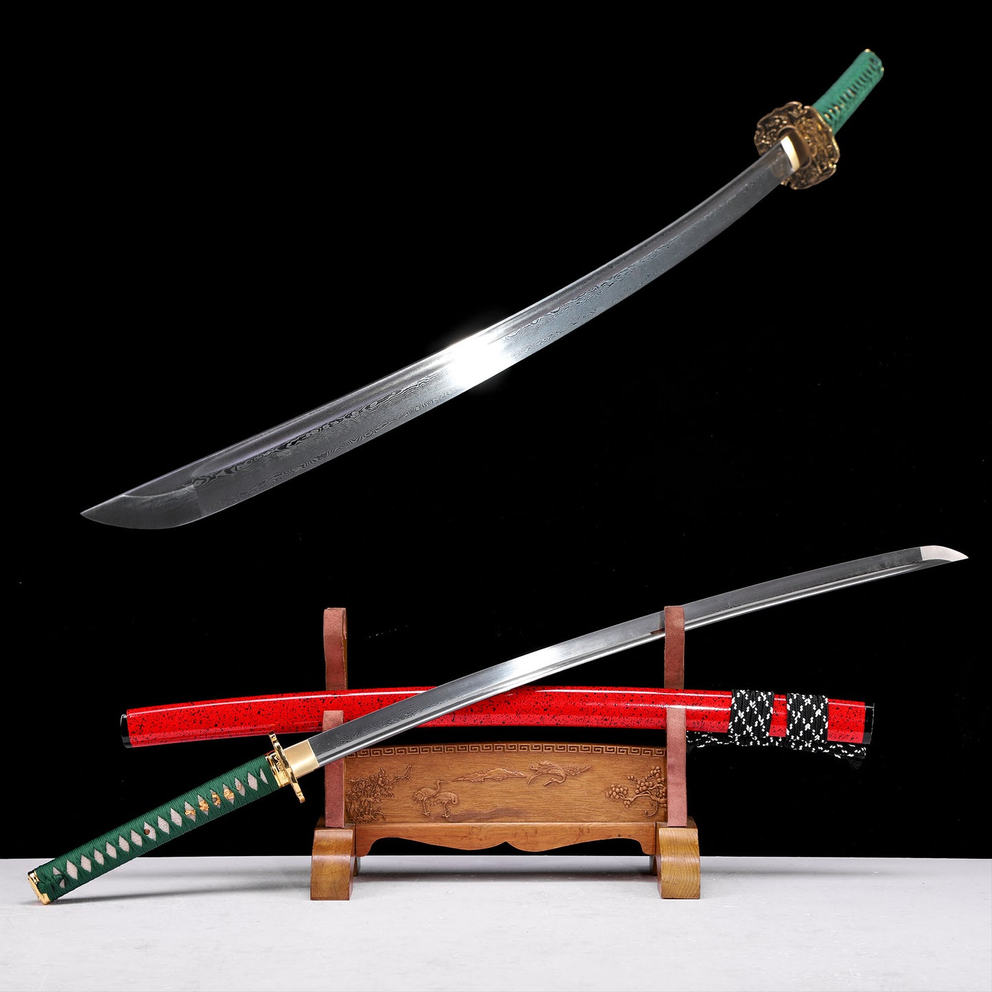 Pattern Steel Katana with Green Handle & Red Saya