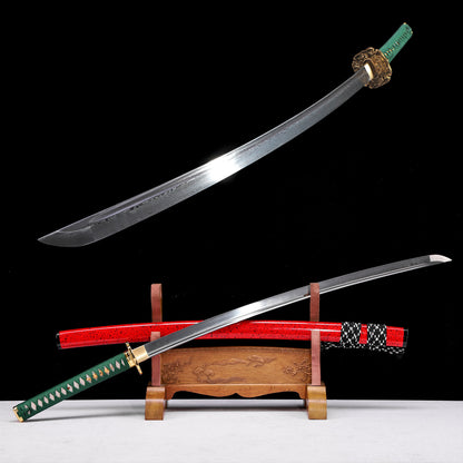 Pattern Steel Katana with Green Handle & Red Saya