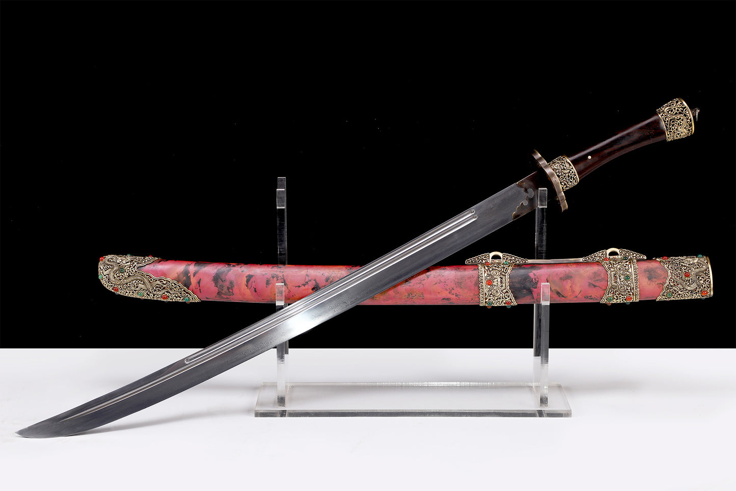Ink Red Copper Saya Hollow Gem Inlaid Brass Fittings Purple Sandalwood Handle Sword