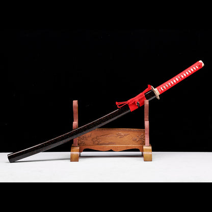 Hand-Forged Damascus Steel Katana with Hammered Blade, Red Handle & Black Saya