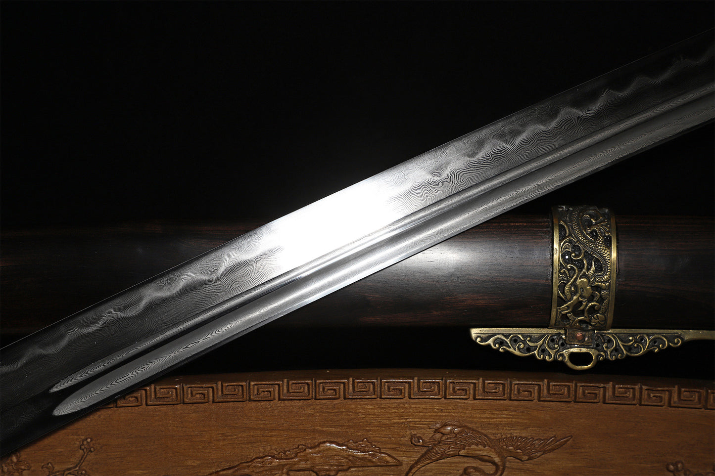 Solid Ebony Wood Hollow Relief Brass Fittings Vintage  Sword