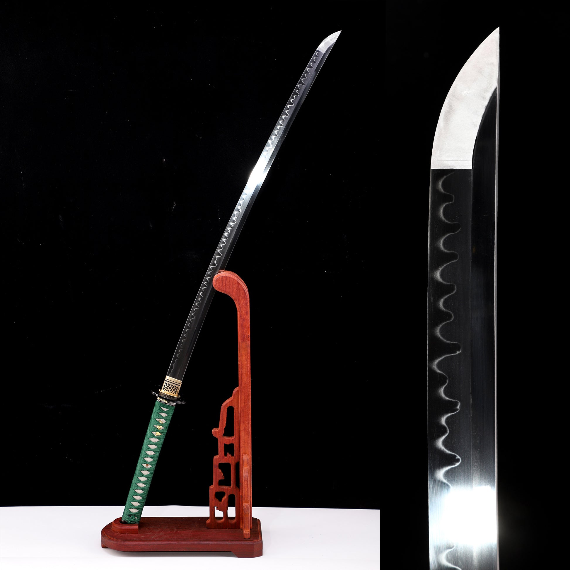 Green handle floral katana blade close-up - razor sharp steel edge and hamon detail