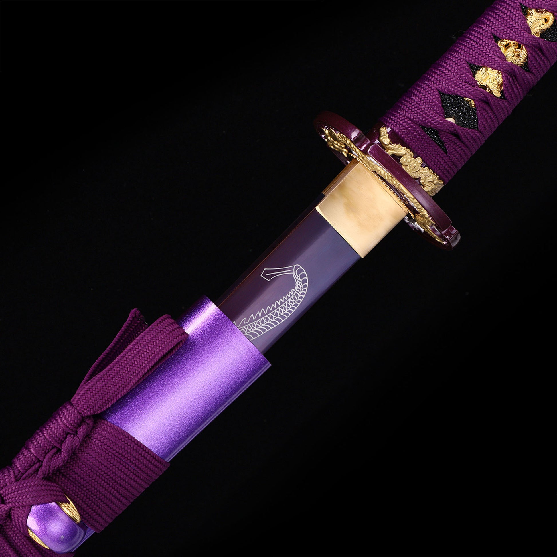 Purple Dragon katana side profile - full tang purple coated steel blade