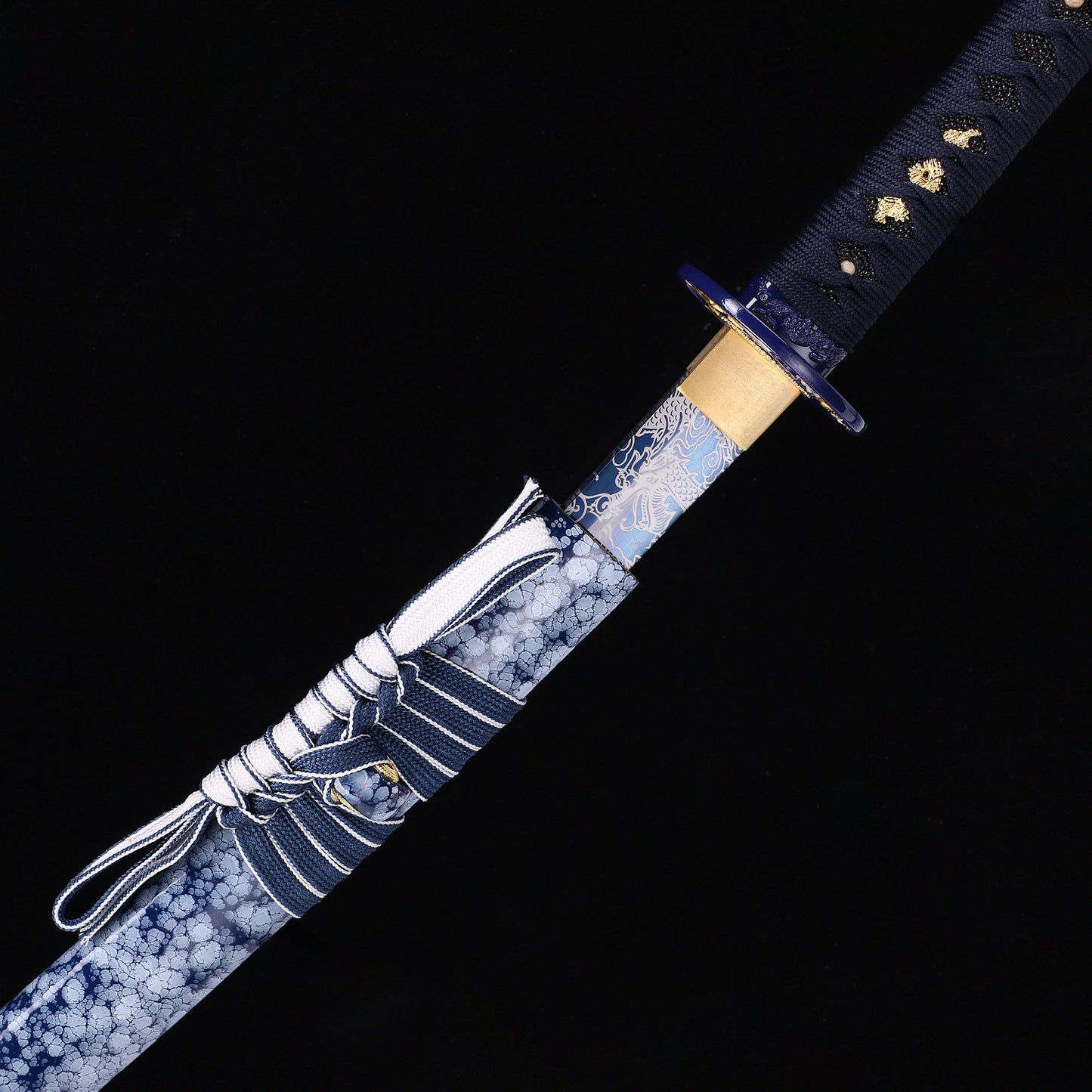 Blue Dragon katana blade close-up - razor sharp blue edge and hamon detail