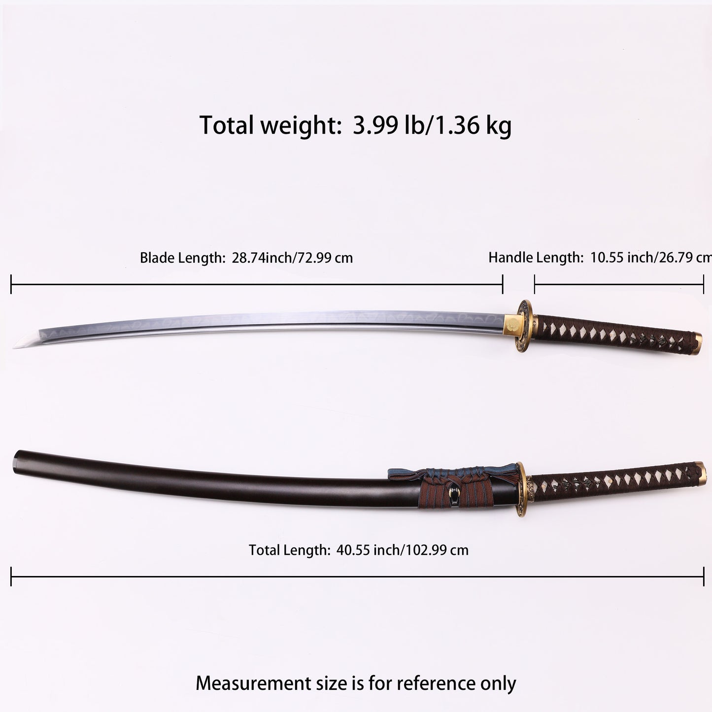 Katana sword 41 inch T10 steel clay tempered full tang - Size chart