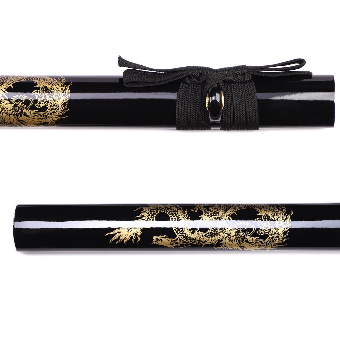 Japanese sword black dragon saya close-up - dragon engraved scabbard detail