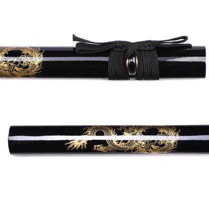 Japanese sword black dragon saya close-up - dragon engraved scabbard detail