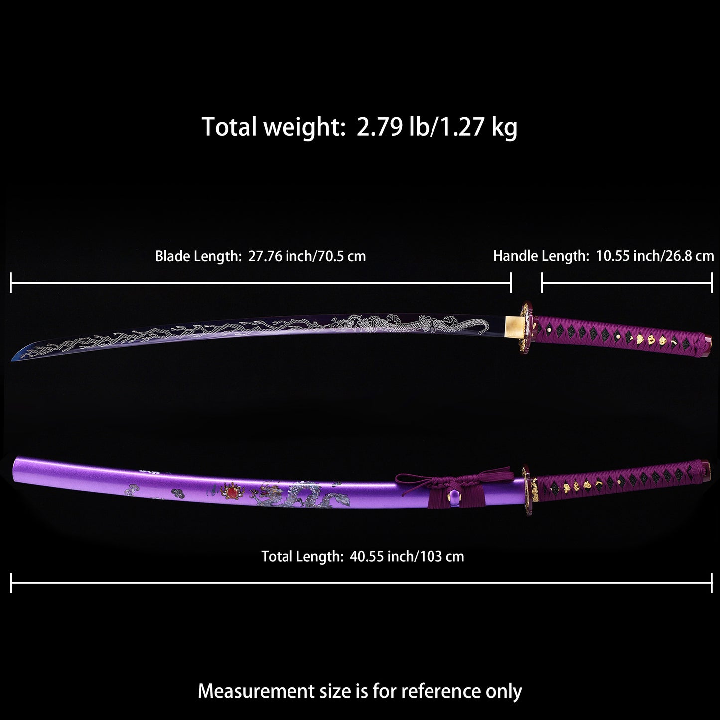 Purple Dragon Japanese samurai sword katana Size chart
