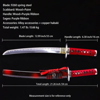 Red handle blood splatter tanto Full length dimension diagram