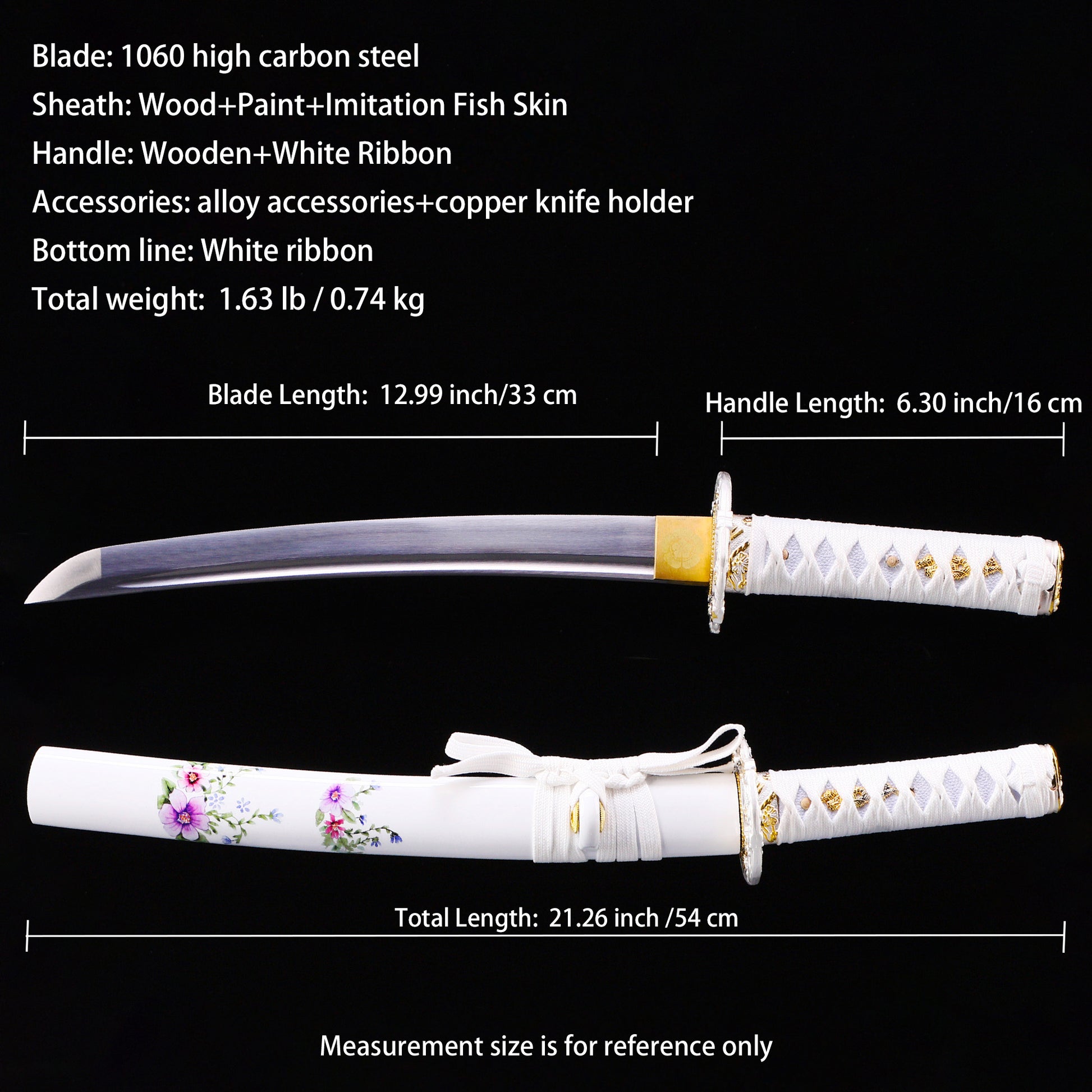 White handle tanto Full length dimension diagram