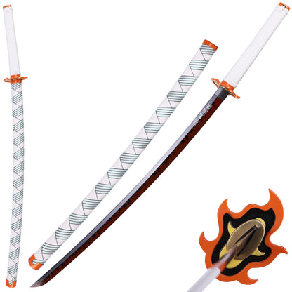 Demon Slayer Rengoku Nichirin sword with saya scabbard - full anime replica set view