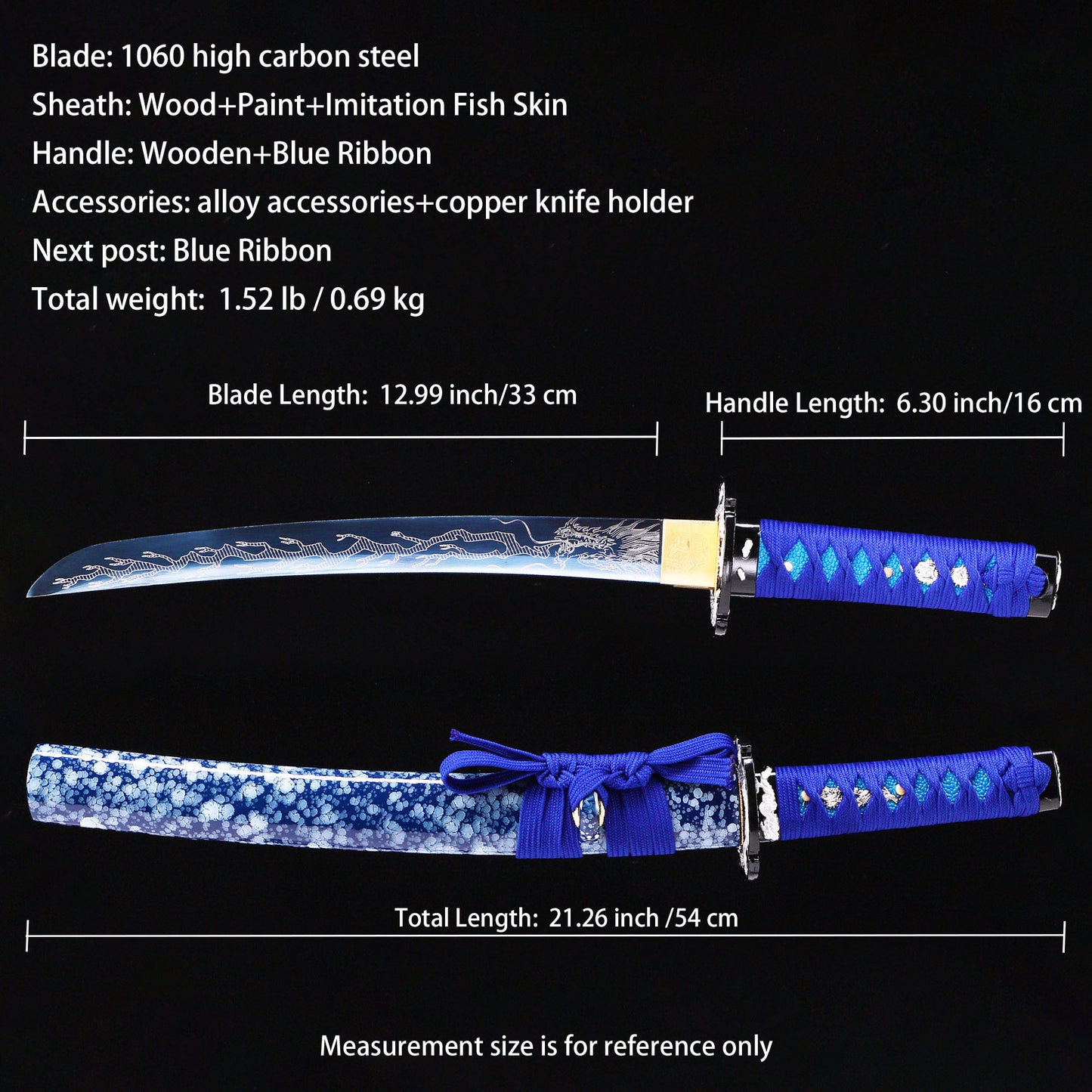 Blue blade dragon etching tanto Full length dimension diagram