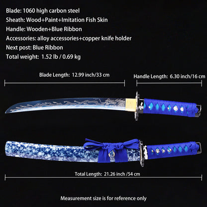 Blue blade dragon etching tanto Full length dimension diagram