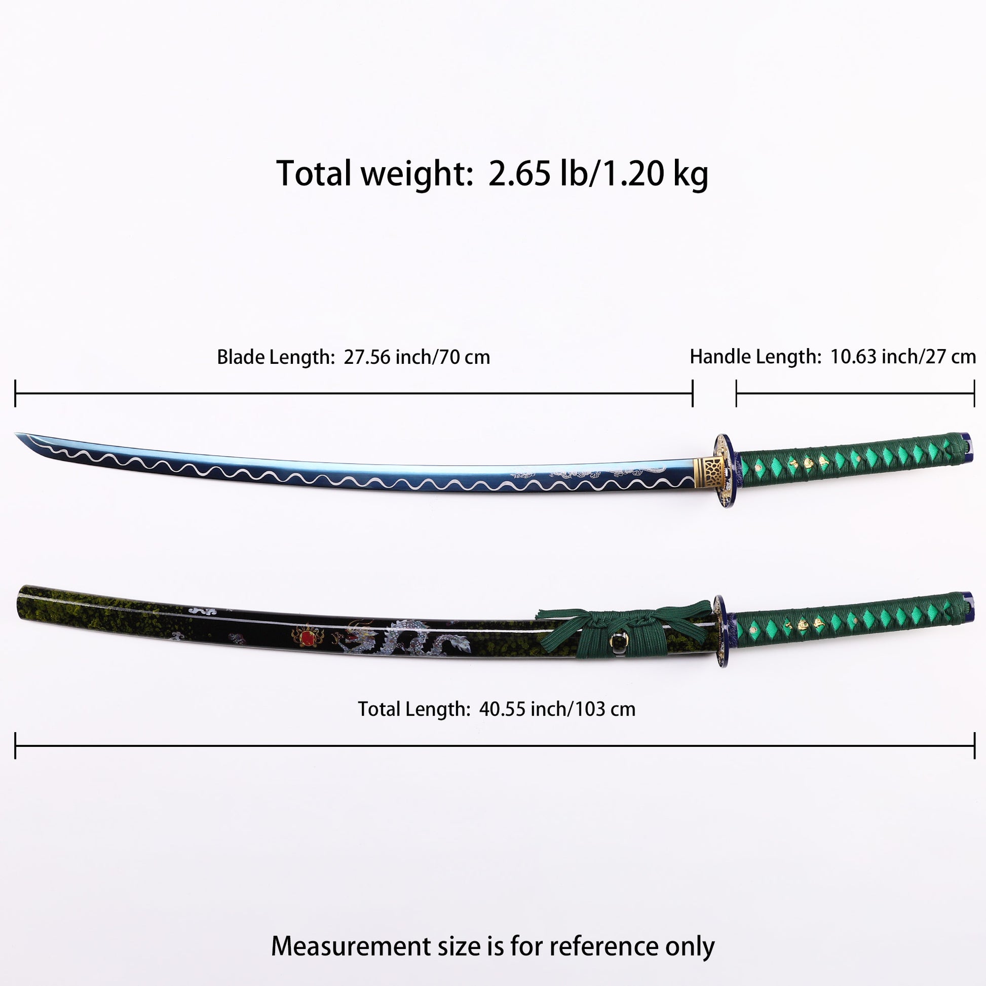 Blue Green Dragon Japanese samurai sword katana Size chart