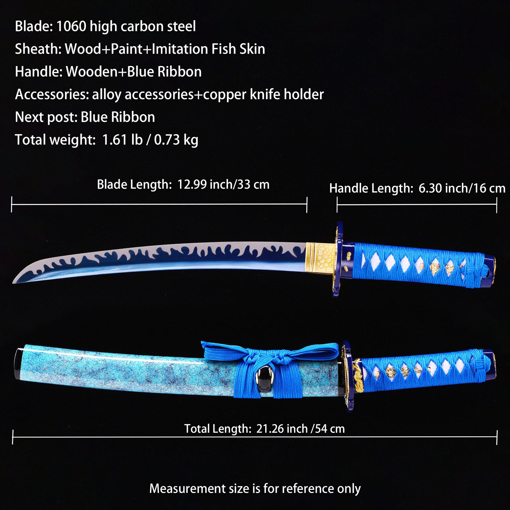 Blue blade wave pattern tanto Full length dimension diagram