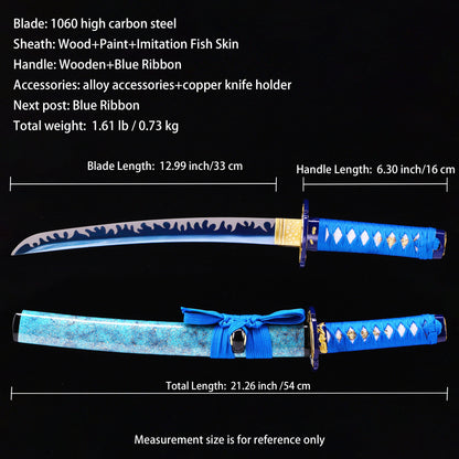 Blue blade wave pattern tanto Full length dimension diagram