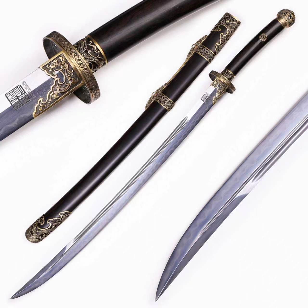 Solid Ebony Wood Hollow Relief Brass Fittings Vintage  Sword