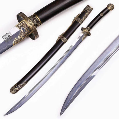 Solid Ebony Wood Hollow Relief Brass Fittings Vintage  Sword