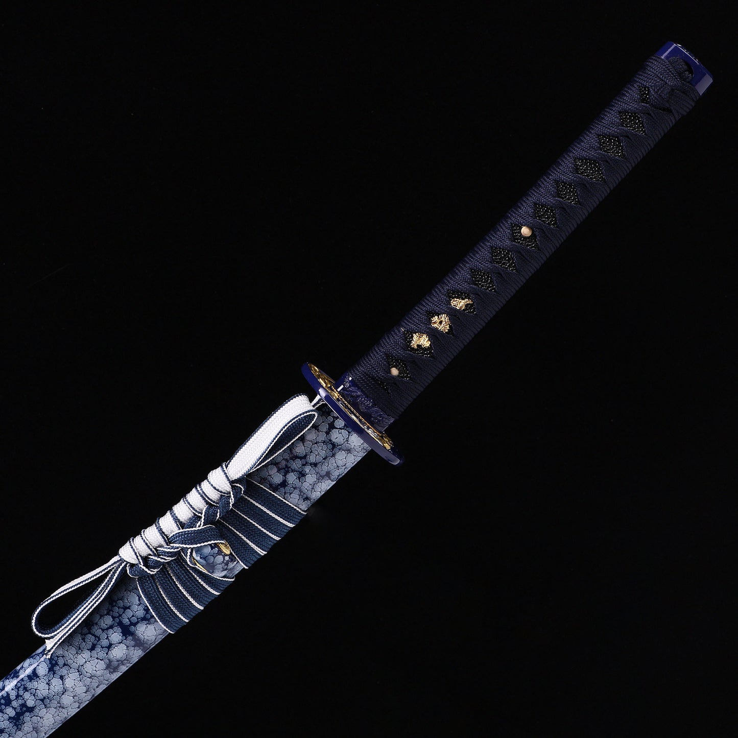 Blue Dragon katana handle close-up - blue tsuka wrap with dragon design