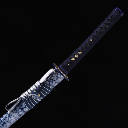 Blue Dragon katana handle close-up - blue tsuka wrap with dragon design