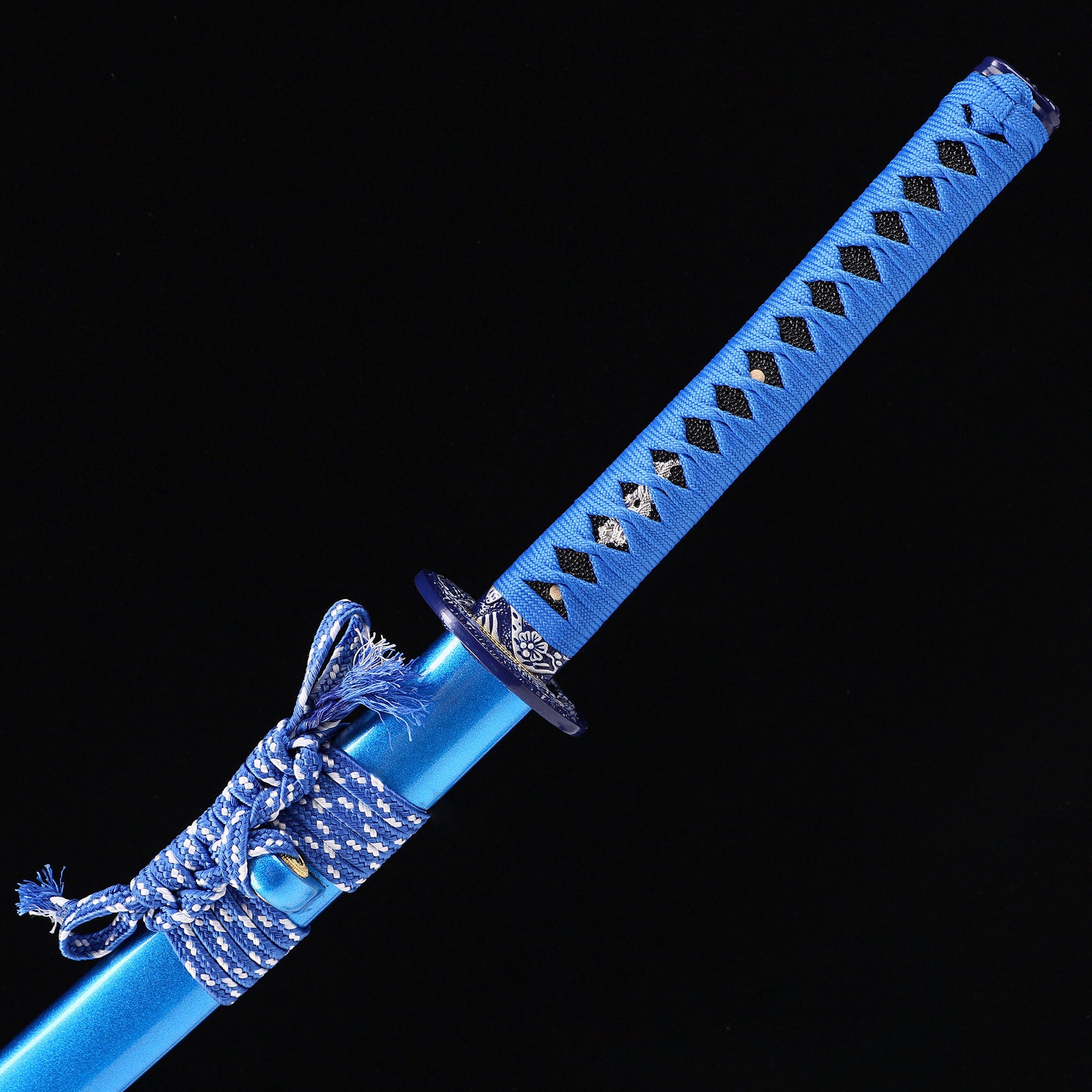 Blue Dragon katana handle close-up - blue tsuka wrap with dragon design