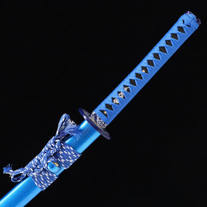 Blue Dragon katana handle close-up - blue tsuka wrap with dragon design