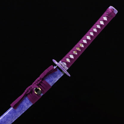 Purple Dragon katana handle close-up - purple tsuka wrap with dragon design