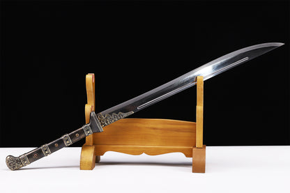 Dragon phoenix Chinese sword blade close-up - hand forged steel edge and hamon detail