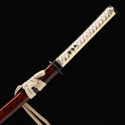 Japanese Samurai Katana, Red-Black Lacquered Wooden Saya