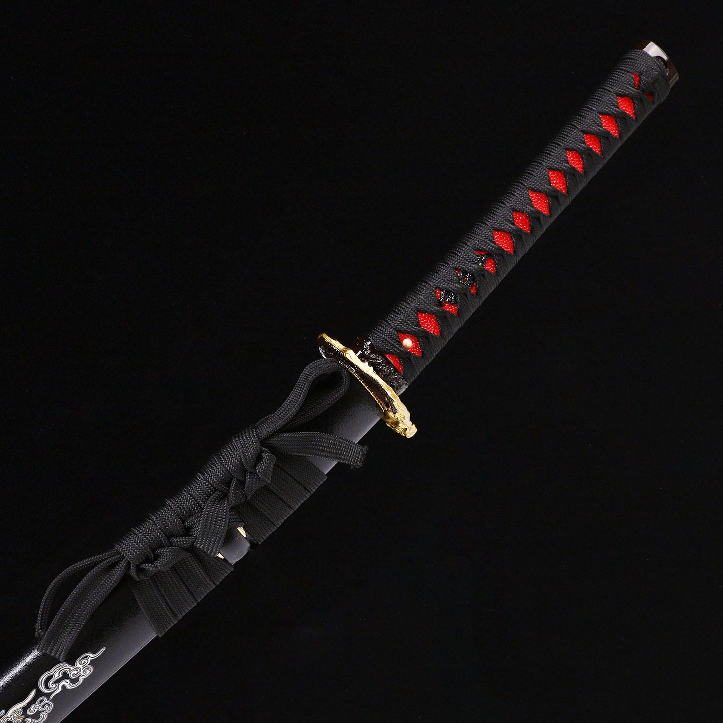Blue Black Dragon katana handle close-up - blue black tsuka wrap with dragon design
