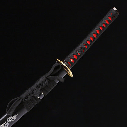 Blue Black Dragon katana handle close-up - blue black tsuka wrap with dragon design