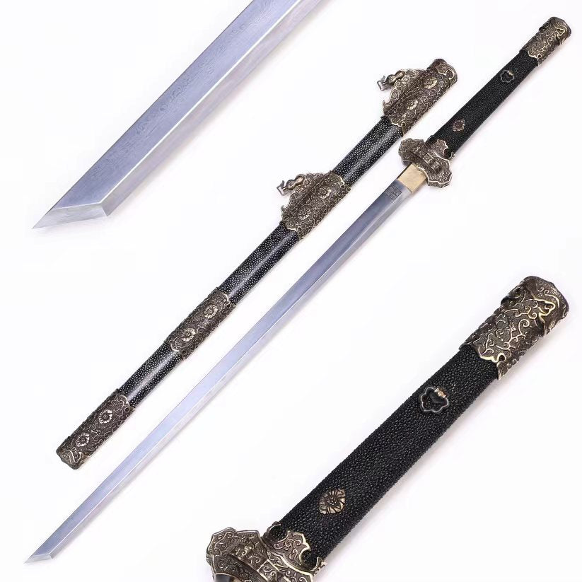 Full Wrapped Black Ray Skin Peony Scroll Vintage Copper Fittings Sword
