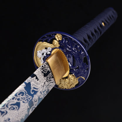 Blue Dragon katana Hand protection details- precision forged blue kissaki point
